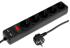 Сетевой фильтр 5х1,8м 2хUSB (1х1А, 1х1А) с з/к 10А черный TANGO