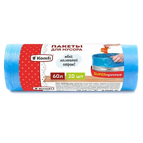 Пакеты для мусора ПСД  60л (20шт) рулон супер прочные голубые 
