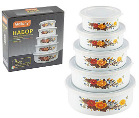 Набор из 5 эмалированных мисок с крышками, FAMILIA, 195/340/600/850/1250 мл, цвет: белый с дизайном