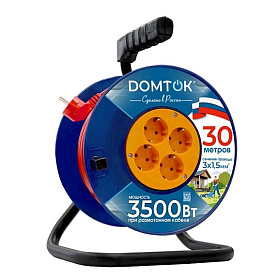 Удлинитель смл. DOMITOK 4 гн., ПВС 3х1,5, 3,5кВт, з/к, 30м на катушке