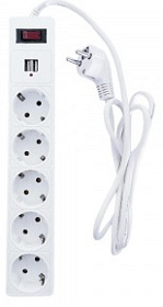 Сетевой фильтр 5х1,8м 2хUSB (1х1А, 1х1А) с з/к 10А белый TANGO